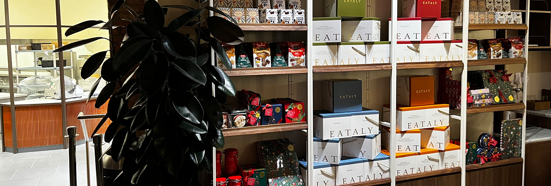 Interior view of products on shelves inside Eataly