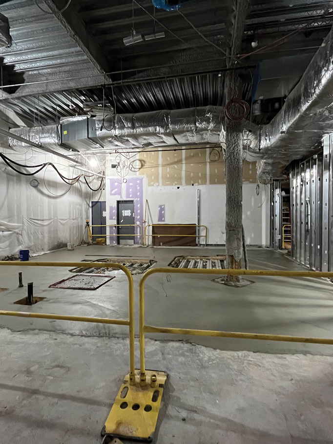 After constructing the underground infrastructure for the Flyers’ new hydrotherapy room, the team poured the concrete slab for the room above.