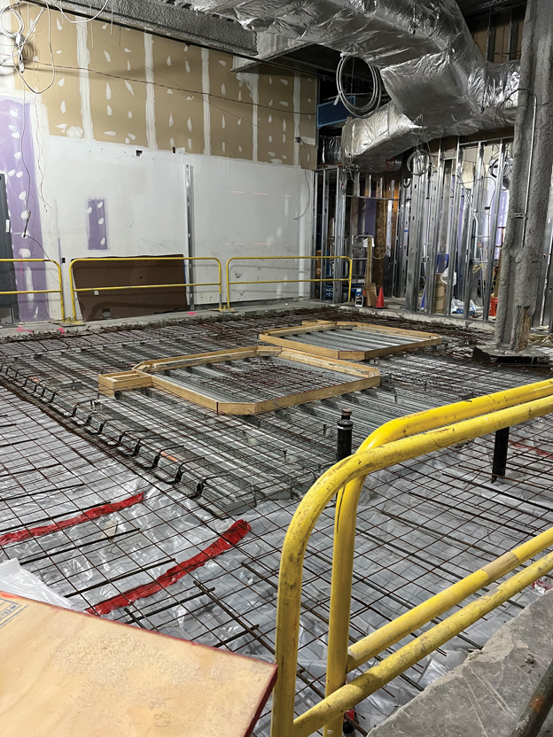 The team is preparing to pour the concrete floor slab at the new hydrotherapy tub room. It took a couple months to get out of the ground for this— not pictured is the pit below where all the mechanical infrastructure will be run.