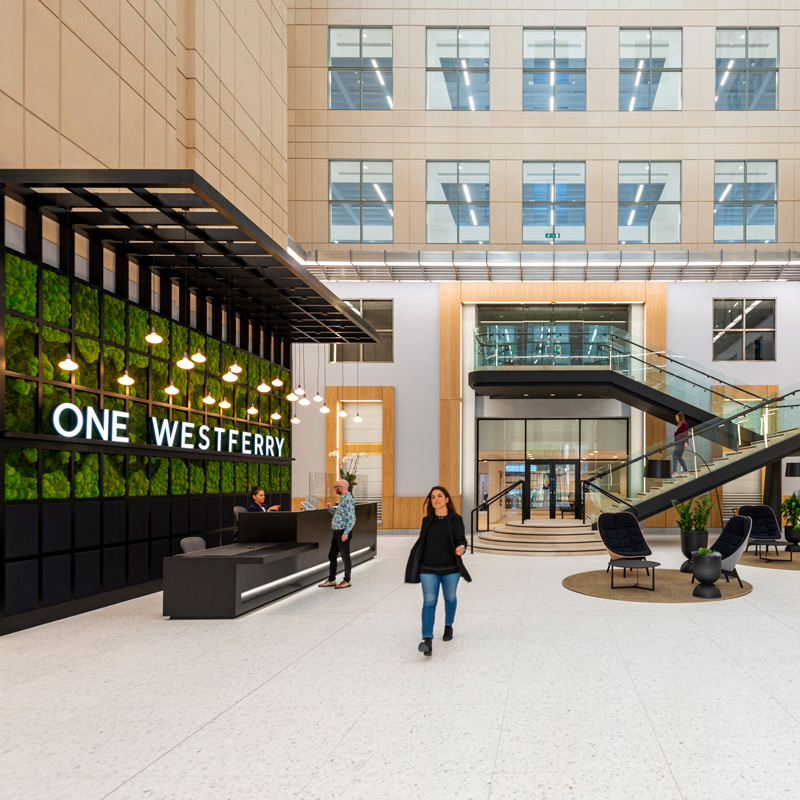 Reception and atrium area at One Westferry Circus in London, UK