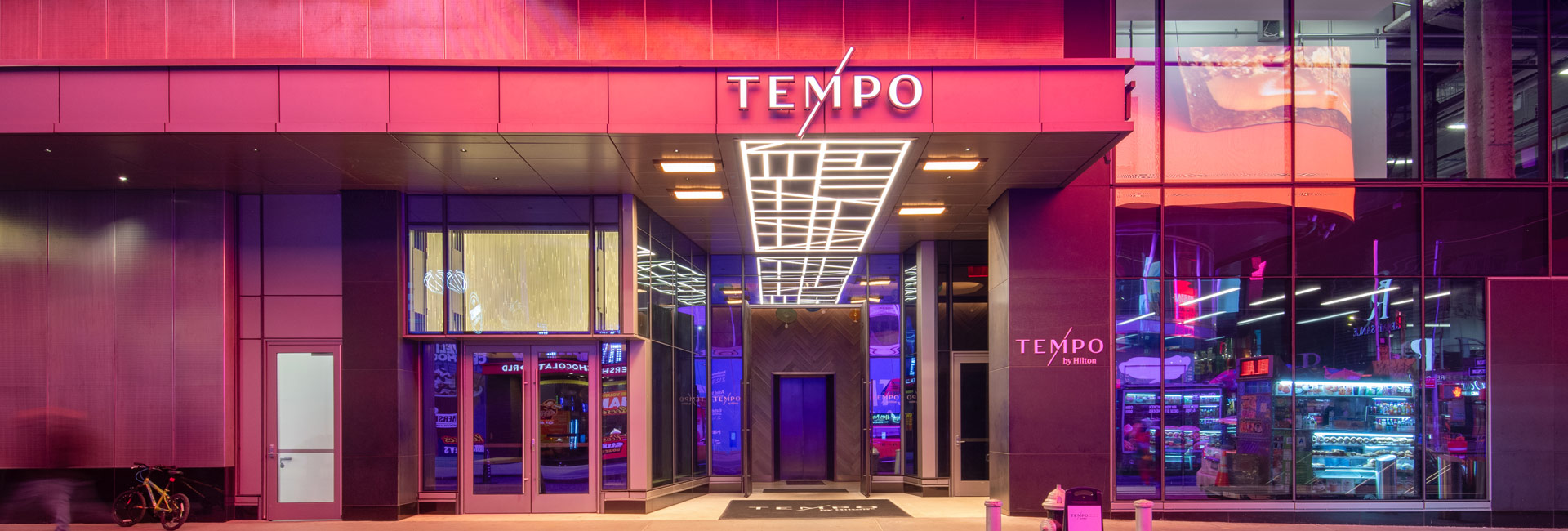 Street view of the Tempo Hilton Hotel located at TSX Broadway in Times Square.