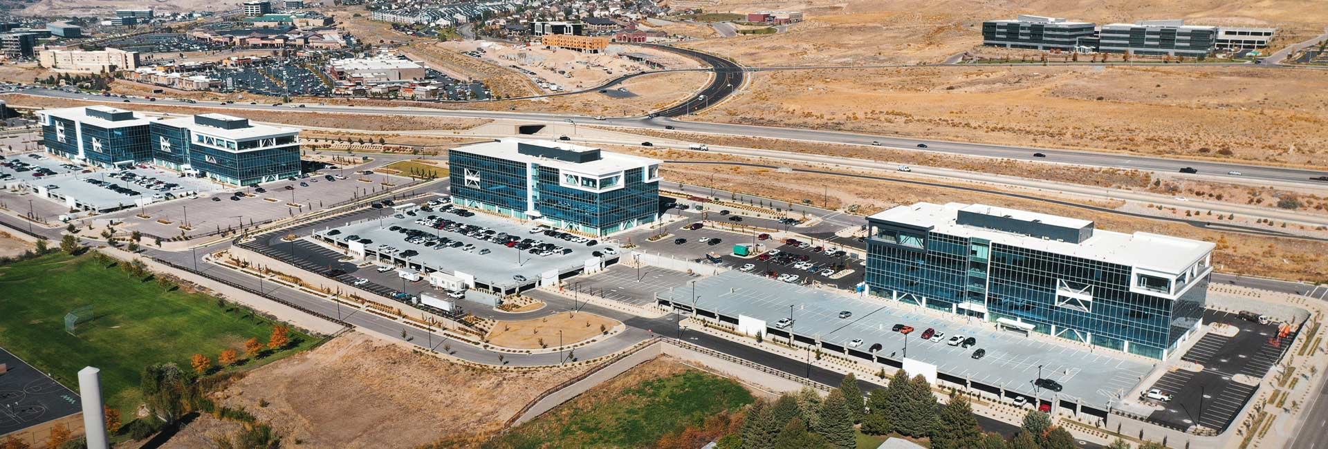 Ariel view of three corporate office buildings