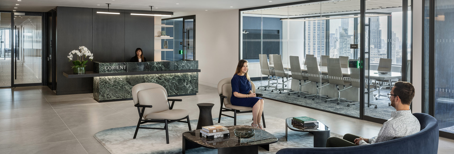 Open area lobby of Corient's New York office where guests can sit.