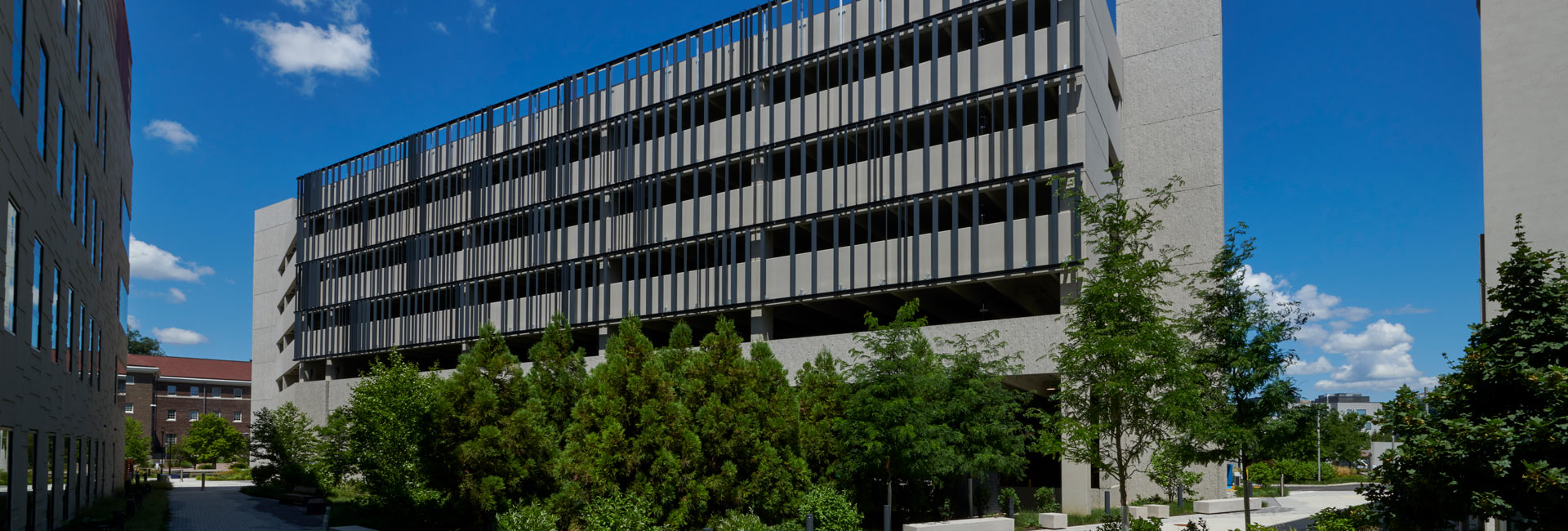 Street level view of a parking garage