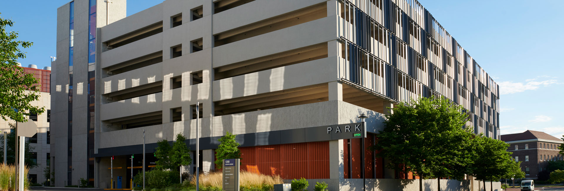 Street level view of a parking garage