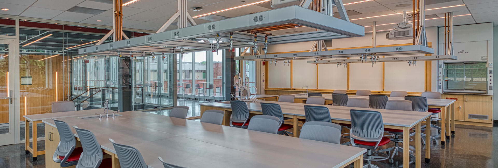 A classroom with long lab tables