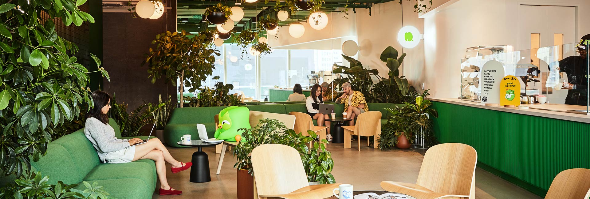 A cozy cafe featuring vibrant green walls adorned with various indoor plants, creating a refreshing atmosphere.