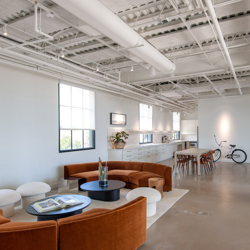 A spacious office featuring an open layout with natural light and a bicycle positioned prominently in the foreground.