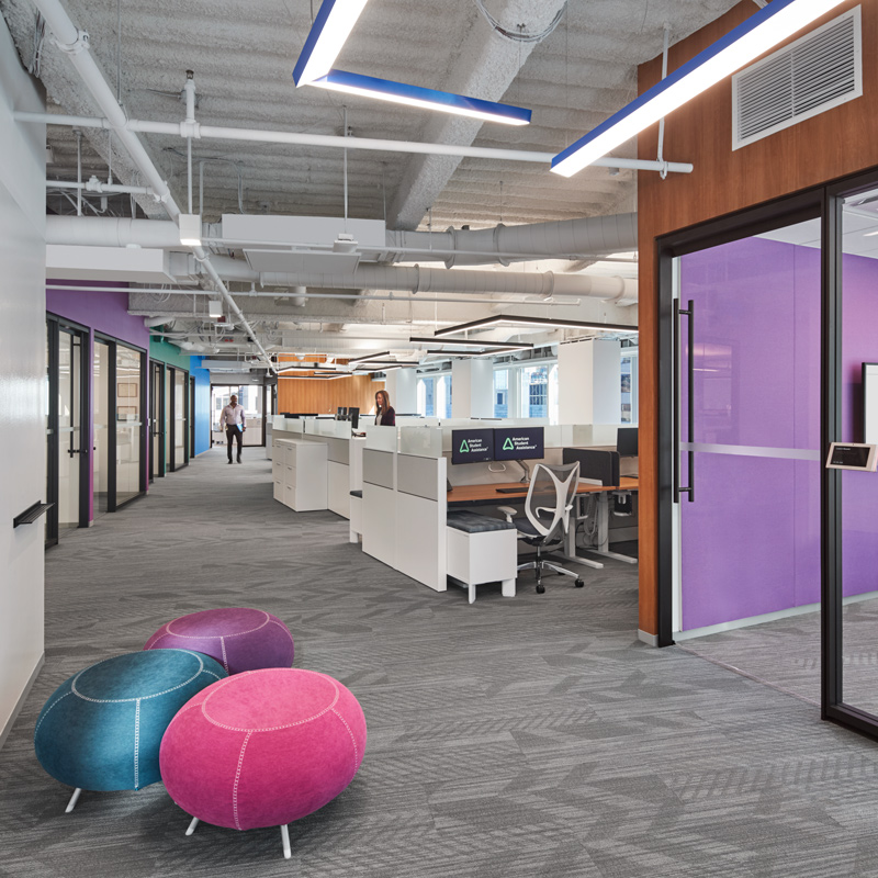 A purple office featuring a glass wall and a modern desk, creating a bright and open workspace atmosphere.