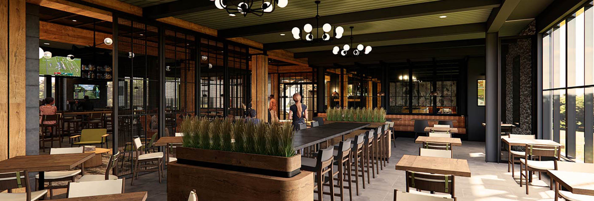 Spacious dinning area at the Cobbs Creek Golf Club featuring TV, Rustic industrial chandelier round lights, sleek yet rustic wood furnishings, and plenty of black pained windows allowing for light to enter the area.