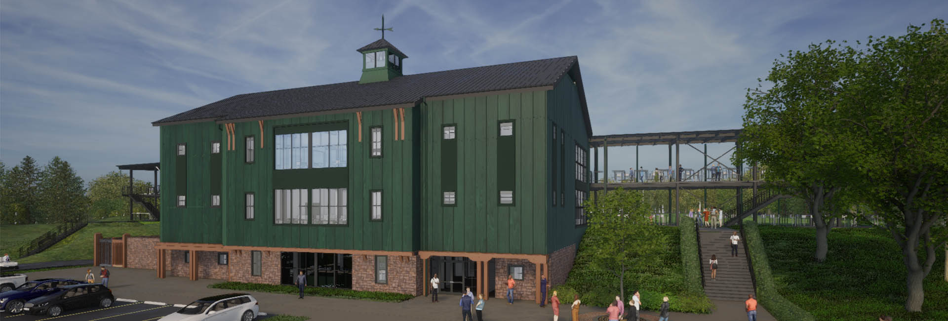 The Green Cobbs Creek Golf Club building resembling a barn with expansive space and lush landscape.