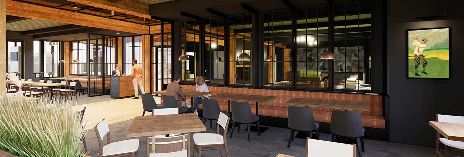 The dinning area for the Cobbs Creek Golf Club featuring wood finishes, sleek dining tables and chairs plants, golf paintings and plenty of windows.