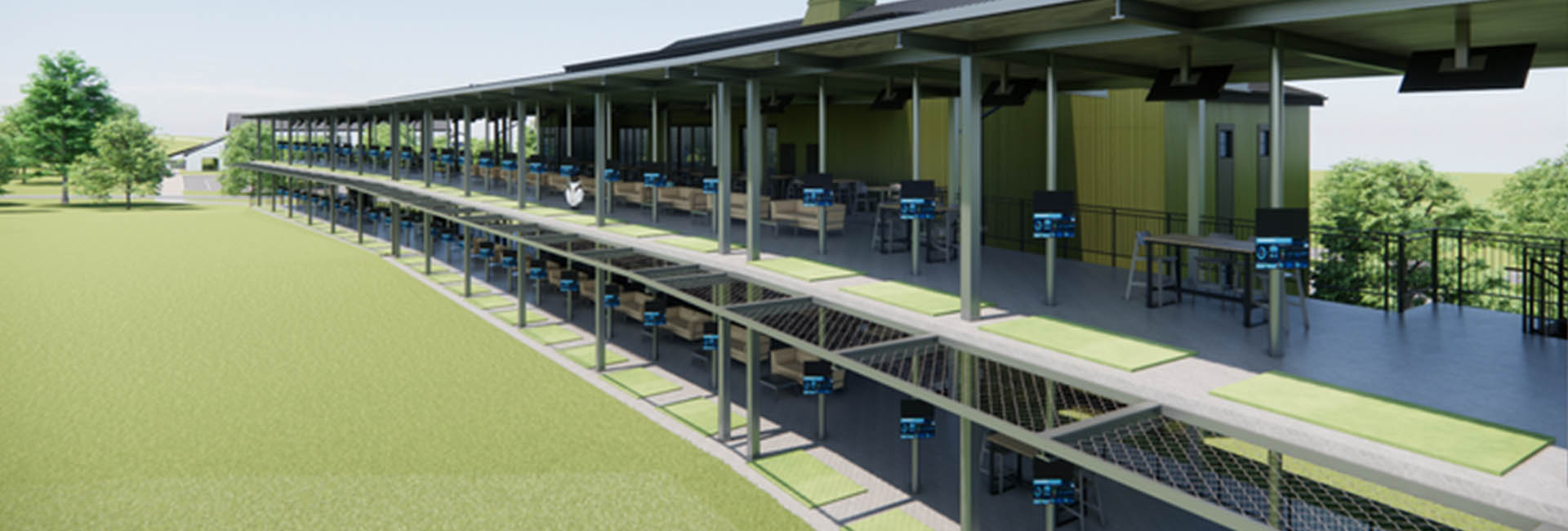 The Driving range at Cobbs Creek Golf Club lush green landscape with double decked range for practice.