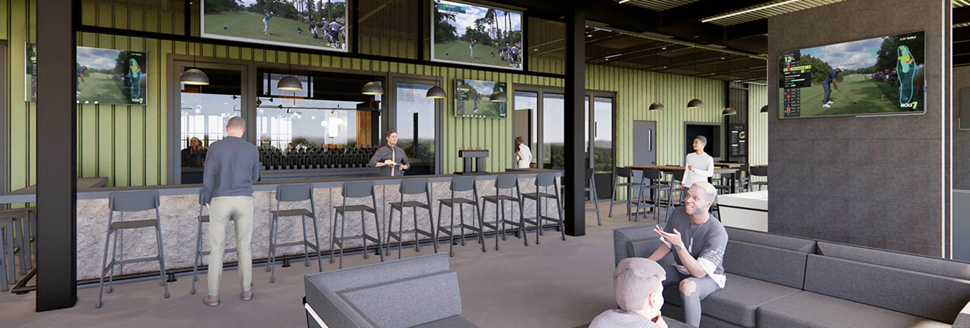 The bar at Cobbs Creek Golf Club featuring flat screen TV's mounted on the bar wall and couch areas and a long bar area with bar stools.