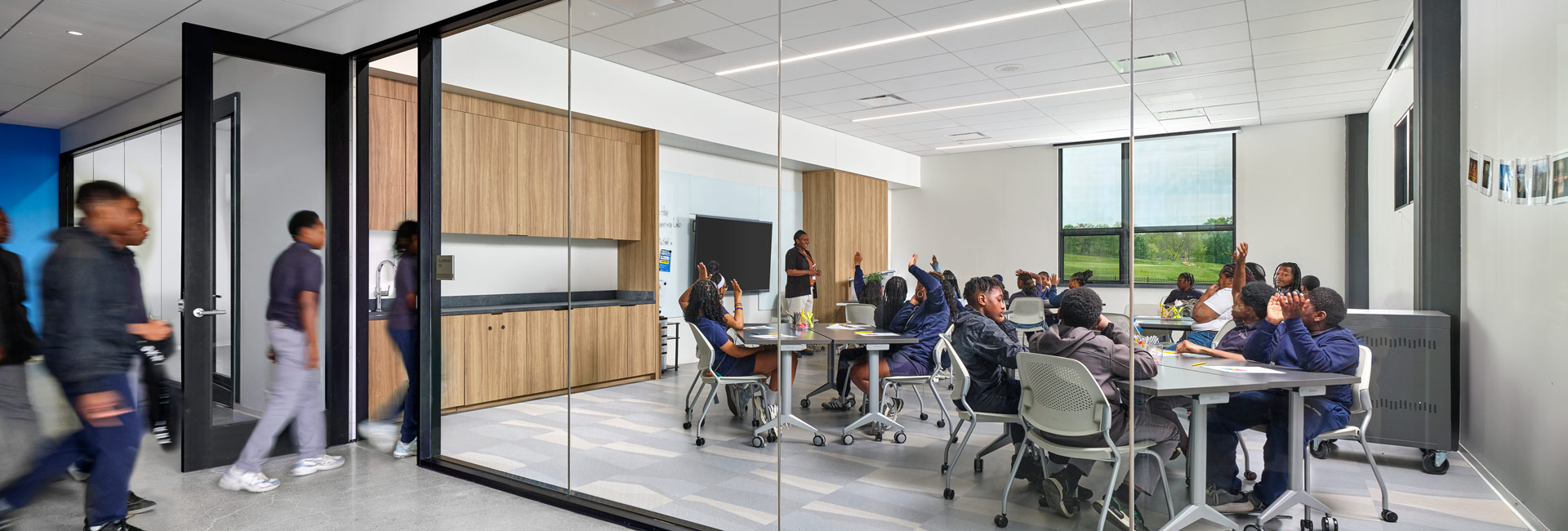 Inside one of the classrooms at TGR Learning Lab with floor to ceiling glass walls