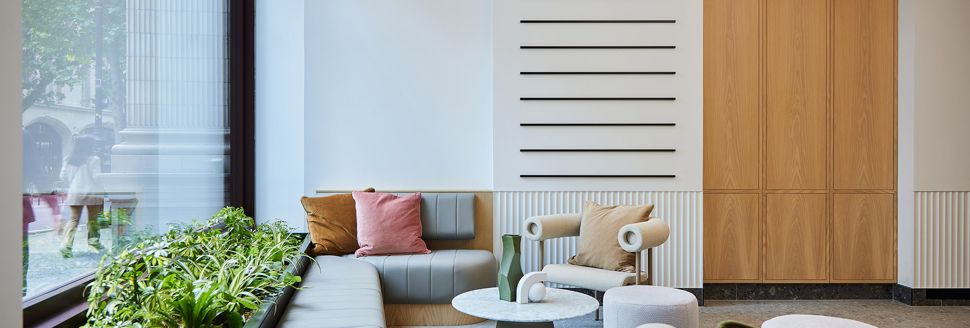seating nook by a window at Bloomsbury Quarter built by Structure Tone