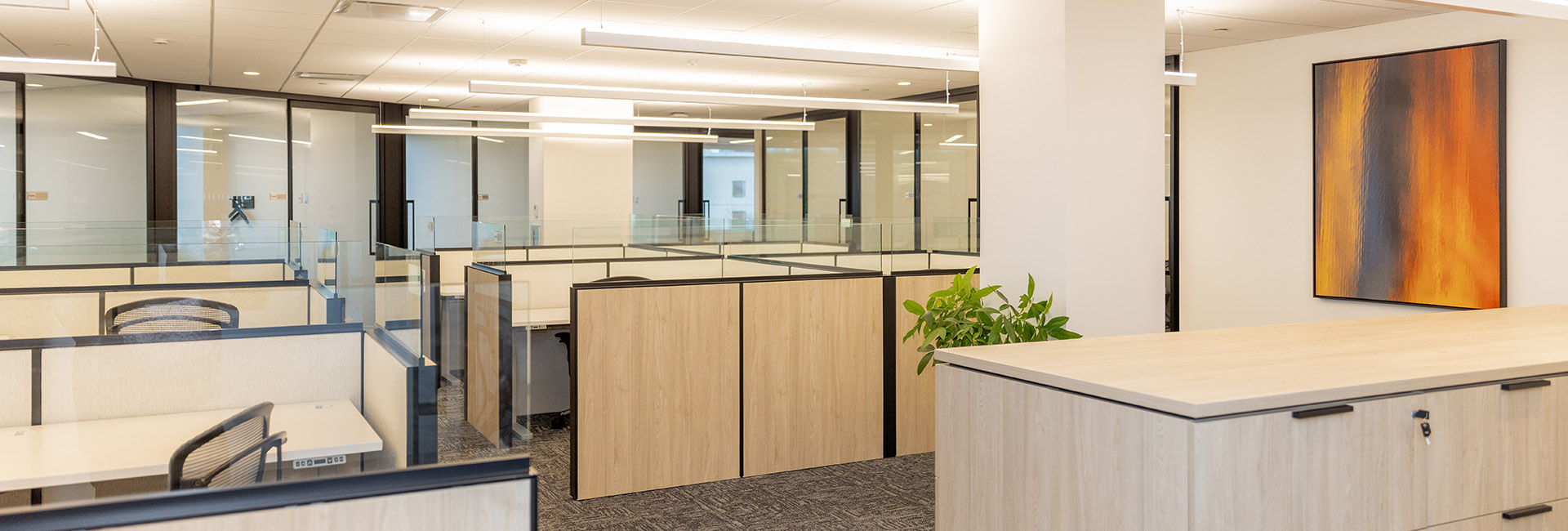 3000 Atrium Way office with wooden accent cubicles