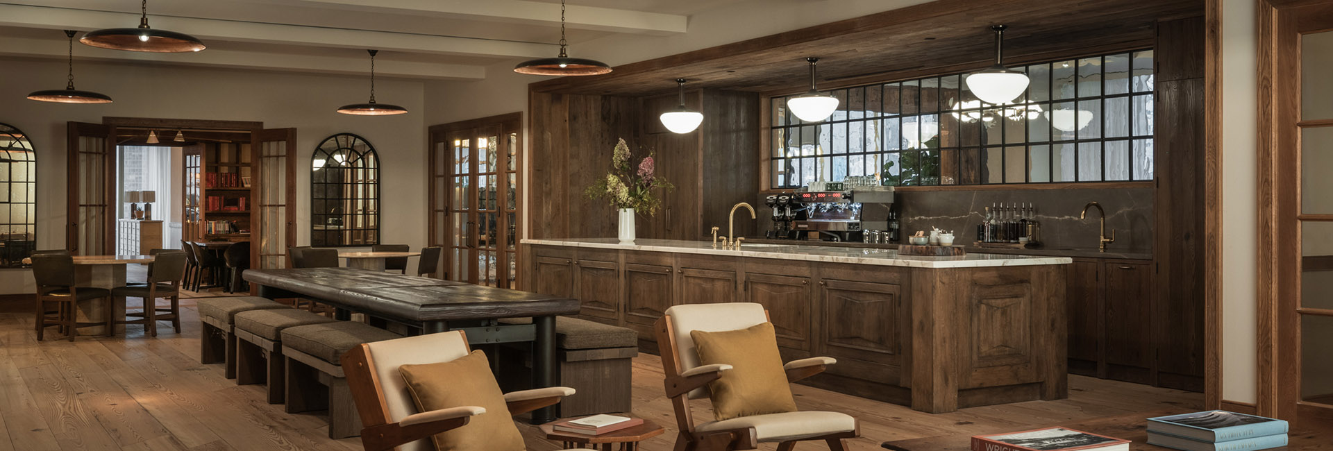 Marshall Wace wet bar and break room with wood detail at their HQ built by Structure Tone New York