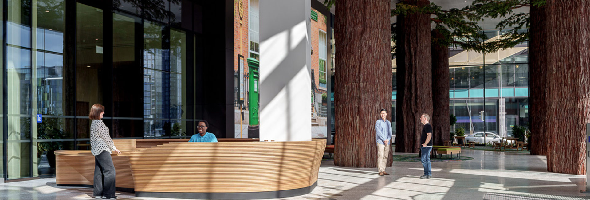 A lobby area with a receptionist desk