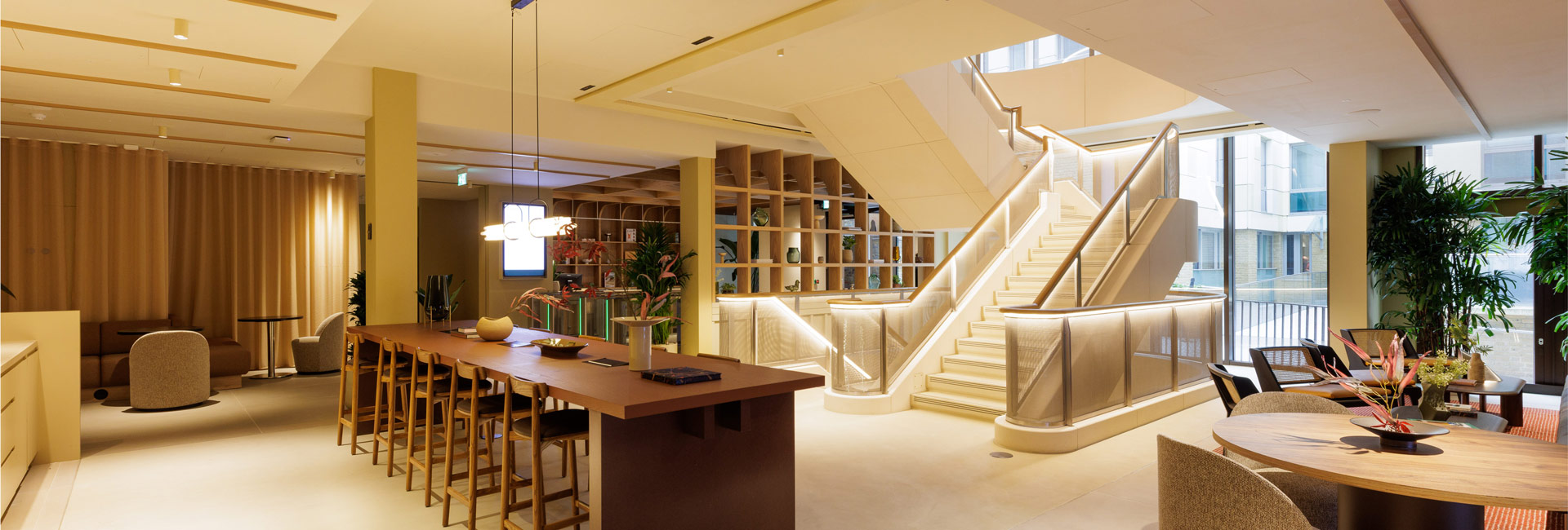 Reception area with a large island with seating