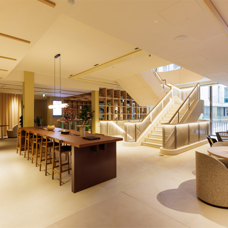 Reception area with a large island with seating