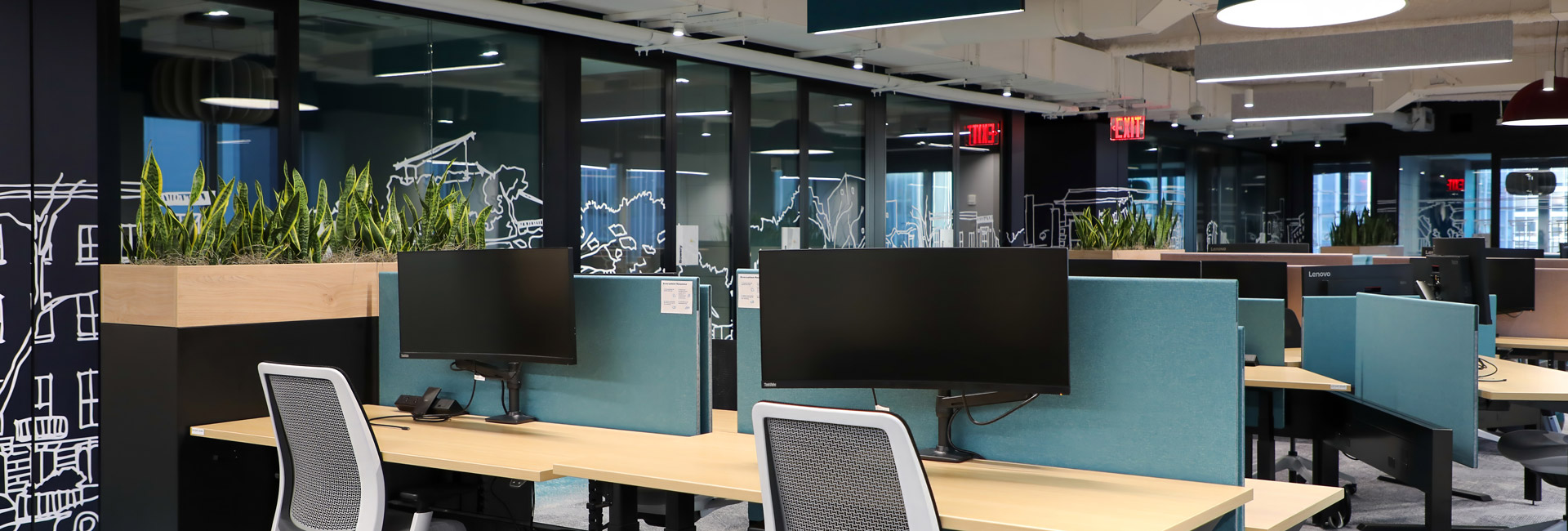An open office with several cubicles