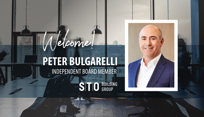 Promotional graphic welcoming Peter Bulgarelli as an Independent Board Member at STOBG featuring his headshot against a modern office background.