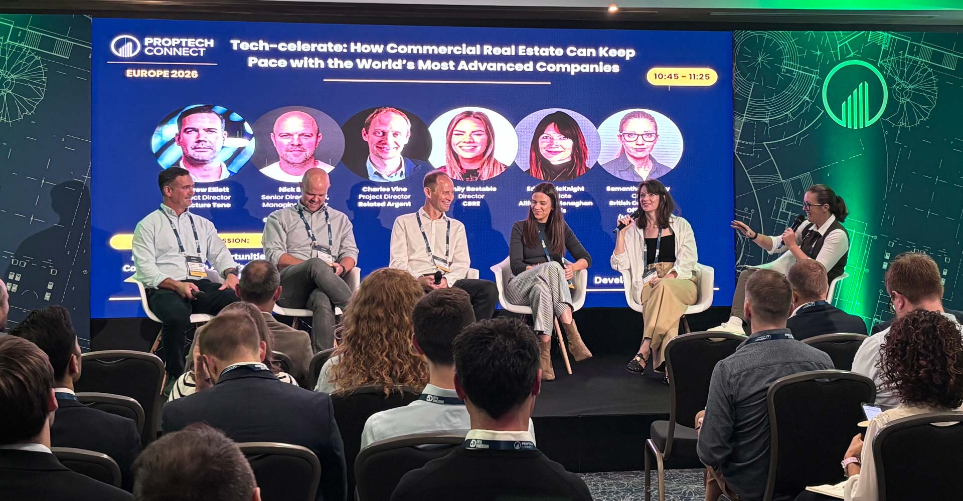 Panel discussion at PropTech Connect Europe 2026, with six speakers seated onstage and an audience in the foreground.