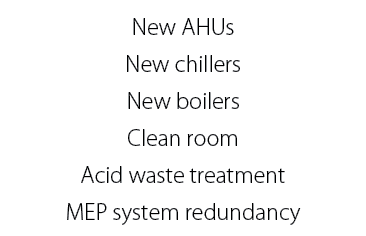 New AHUs New chillers New boilers Clean room Acid waste treatment MEP system redundancy